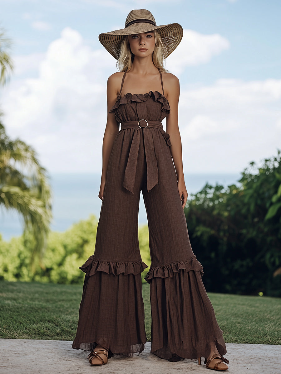 Elegant And Sophisticated Holiday Style Suspenders Ruffled Wide-Leg Jumpsuit