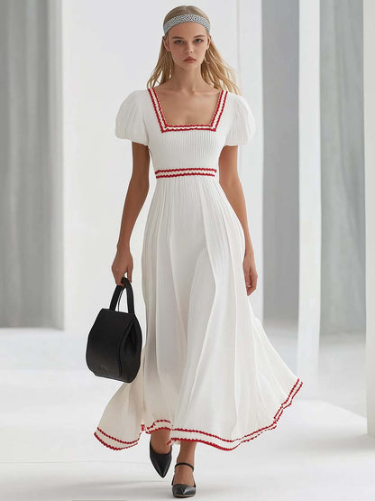 Elegant Square Neckline Short Sleeves Red Stitching Trim White Maxi Dress