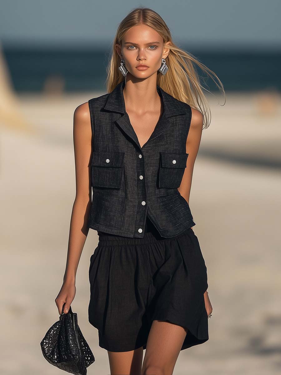 Elegant and Stylish Front Opening Black Textured Vest