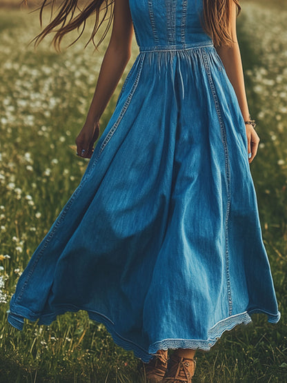 Fashion Retro Ruffled Sleeveless Elastic Waist A-Line Denim Maxi Dress