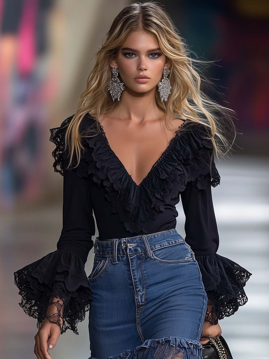 Fashionable and Personalized V-neck Lace Ruffle Black T-shirt