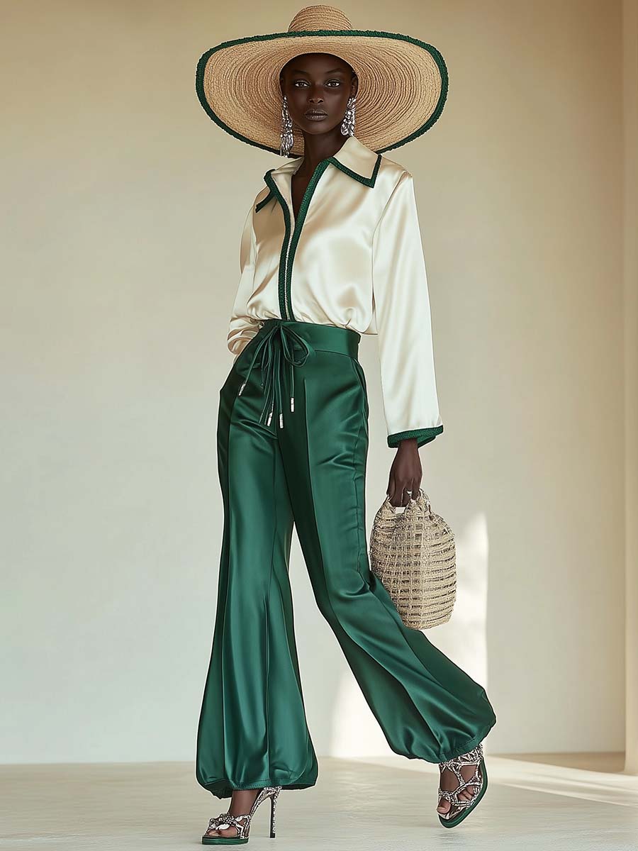 Elegant and Stylish Light Satin Off-white Top and Green Trousers Set