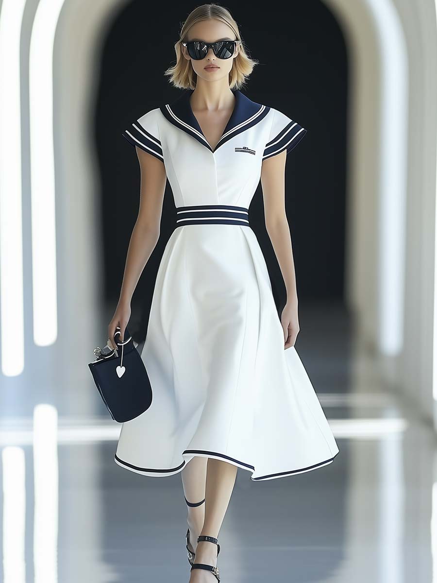 Fashion Navy Collar Short Sleeves A-line White Midi Dress