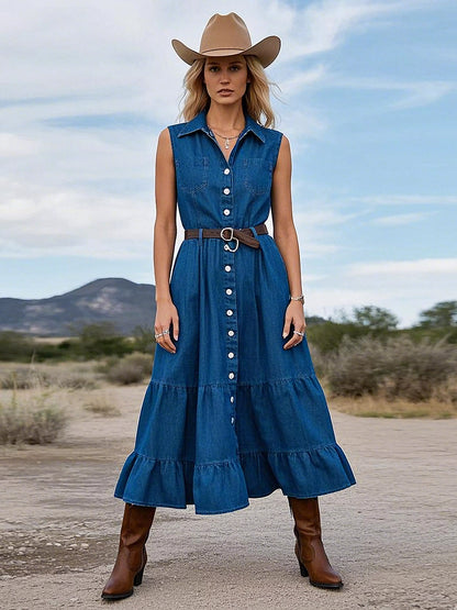 Retro Fashion Sleeveless Ruffle Hem Denim Maxi Dress