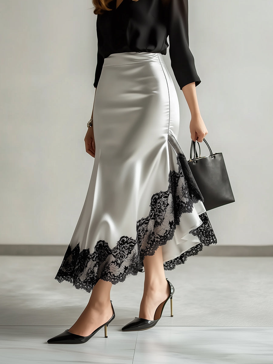 High-End Elegant And Fashionable Black Lace Trim Irregular Hem Satin Skirt