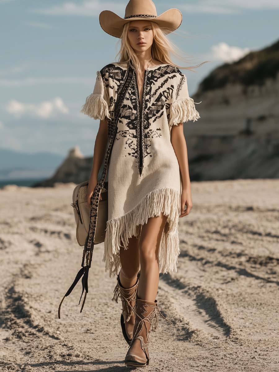 Loose Casual V-neck Short-sleeved Geometric Embroidery Tassel Beige Linen Mini Dress