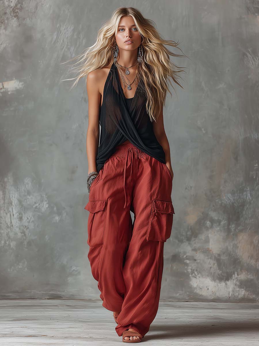 Retro Casual Workwear Style Red Cotton Pants Set