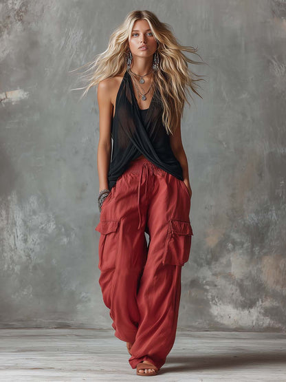 Retro Casual Workwear Style Red Cotton Pants Set