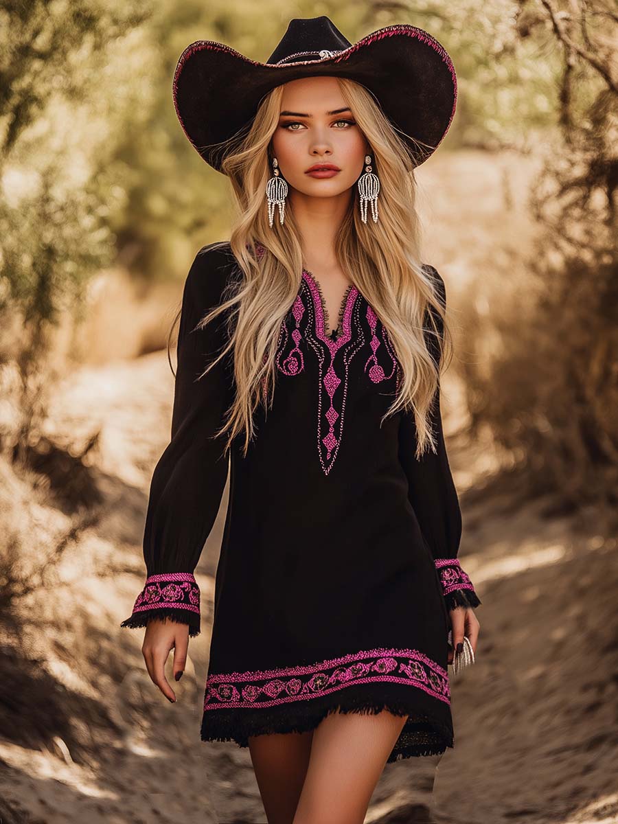 Fashion Western Pink Embroidery Black Mini Dress