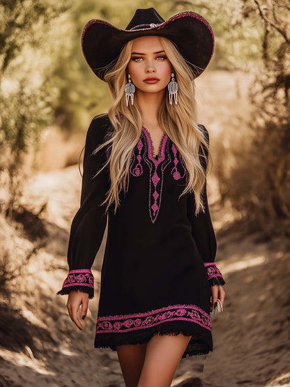 Fashion Western Pink Embroidery Black Mini Dress