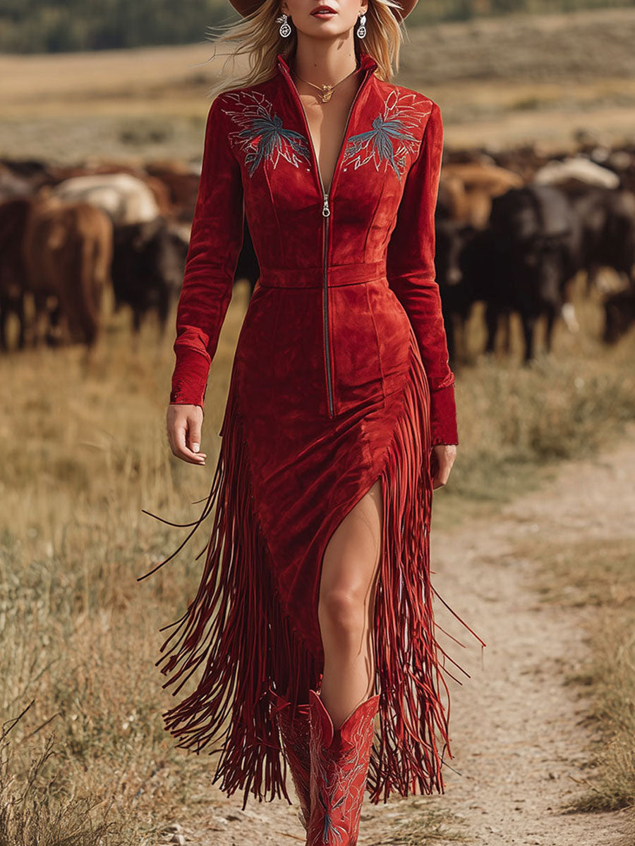 Western Style Vintage Embroidered Red Fringed Faux Suede Midi Dress