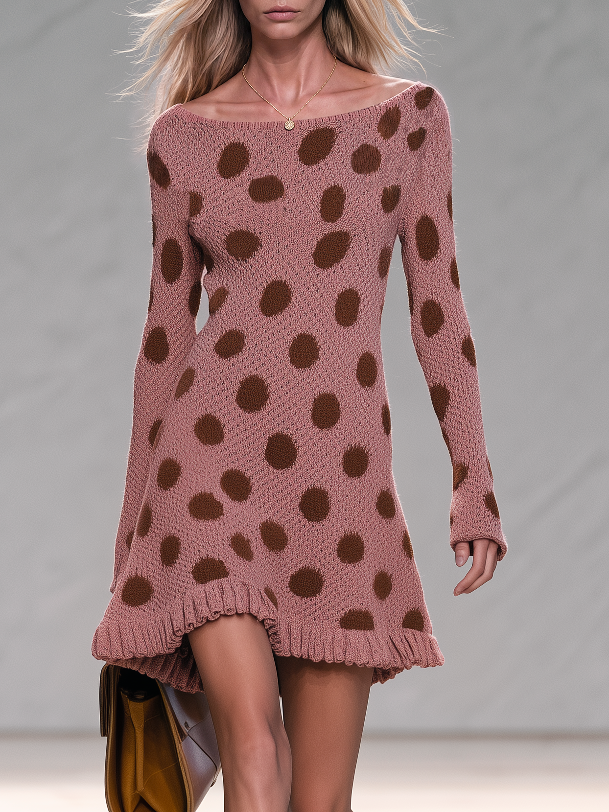 Retro-chic Boat-neck Knit Dress In Pink-brown With Polka Dots
