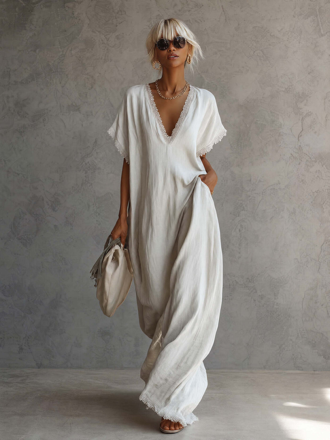 Casual Bohemian Urban V-neck Short-sleeved Lace Trim White Cotton Maxi Dress