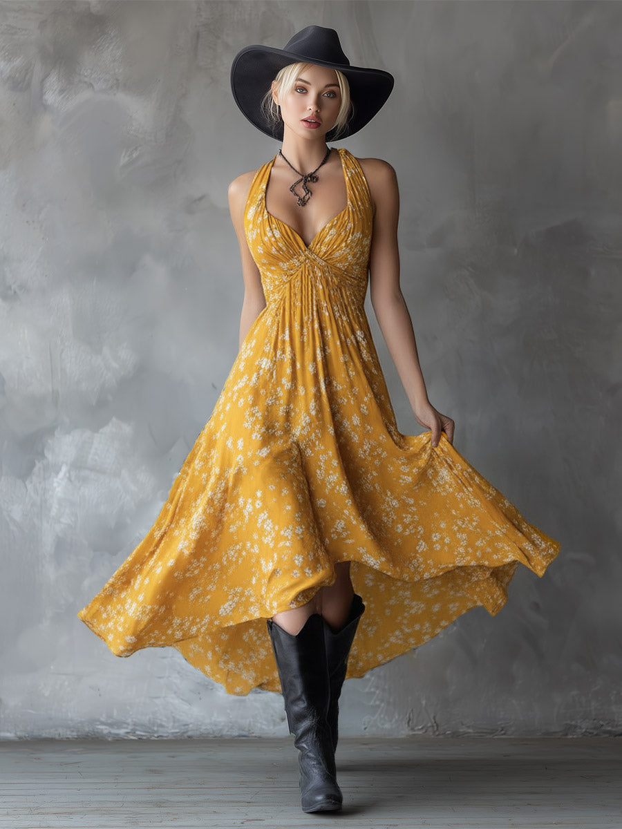 Retro Classic Floral Print Navy Blue Chiffon Sleeveless Maxi Dress