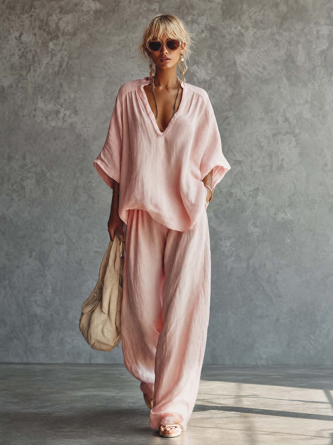 Casual Urban Bohemian Style V-neck Pink Cotton Blouse And Pants Set