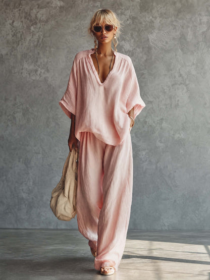 Casual Urban Bohemian Style V-neck Pink Cotton Blouse And Pants Set