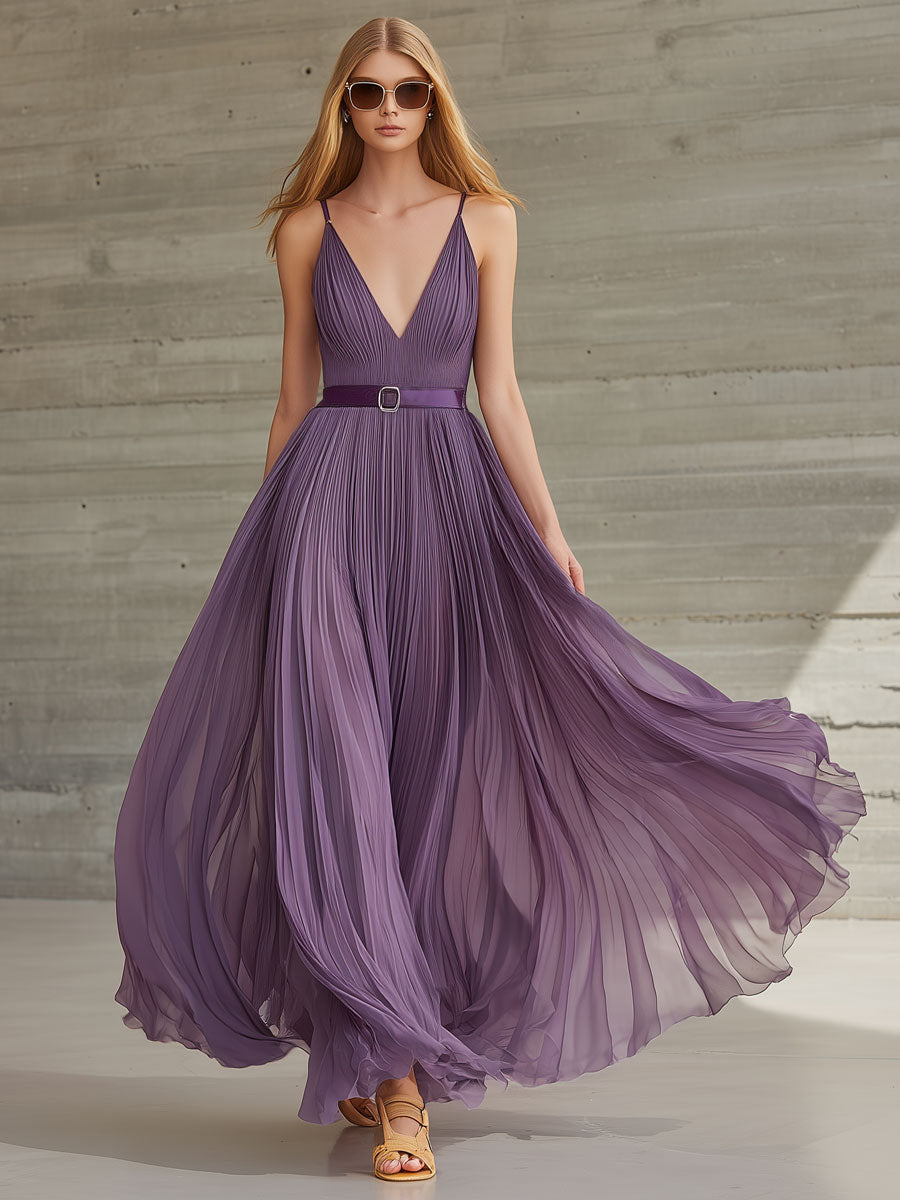 Stylish Vacation Party Retro Purple Chiffon Pleated V-neck Maxi Dress