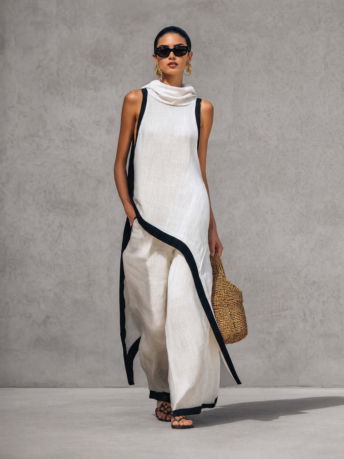 Temperament Casual Hooded White Black Trim White Cotton And Linen Asymmetrical Long Top And Pants Set