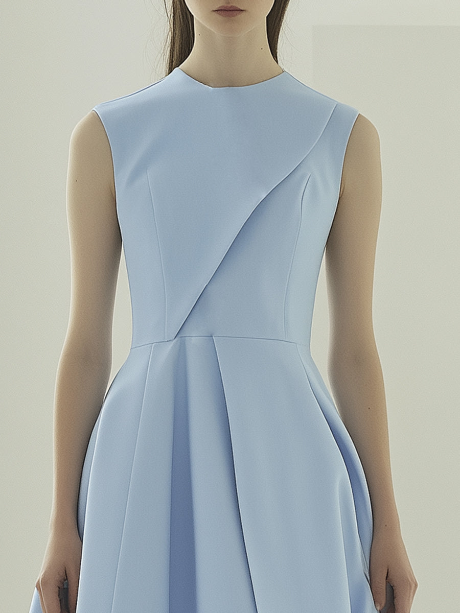 Elegant and Advanced Light Blue Round Neck Sleeveless Midi Dress