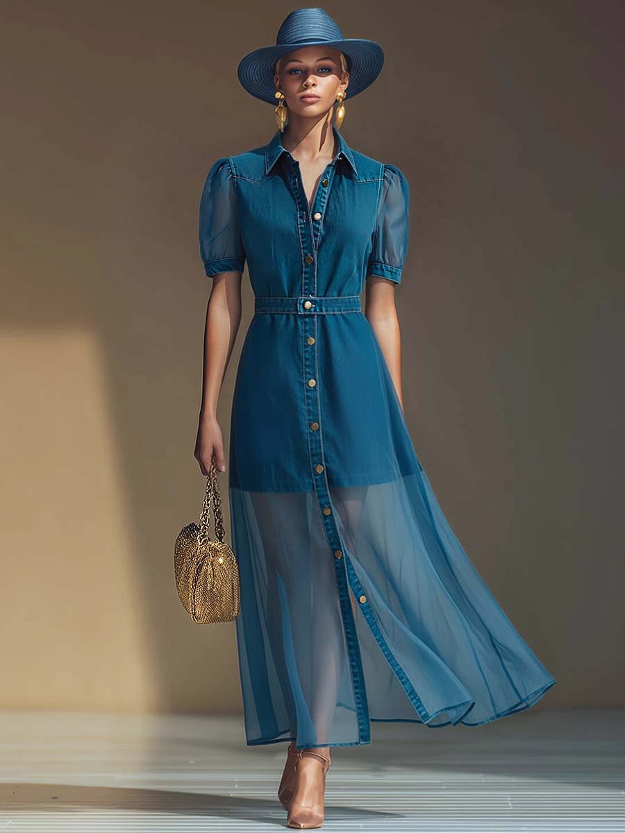 Exquisite Fashionable Front Button V-neck Short-sleeved Outer Cover Organza Blue Denim Maxi Dress