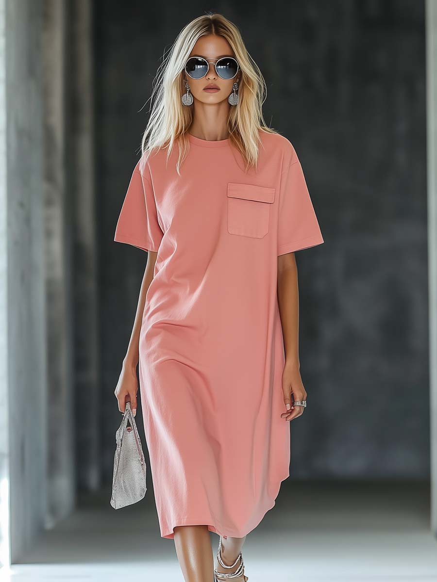 Casual Loose and Comfortable Short-sleeved T-shirt Style Pink Midi Dress