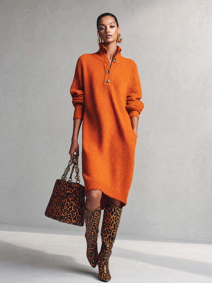 Comfortable And Fashionable Lapel Front Button Orange Knitted Midi Dress