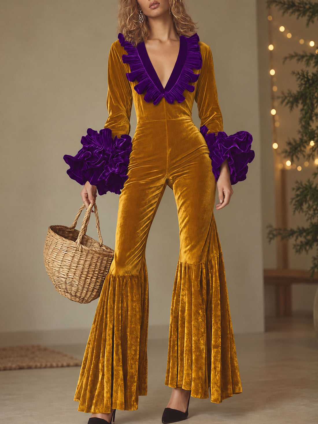 Fashion Party Purple Ruffle Long Sleeve Flared Gold Velvet Jumpsuit