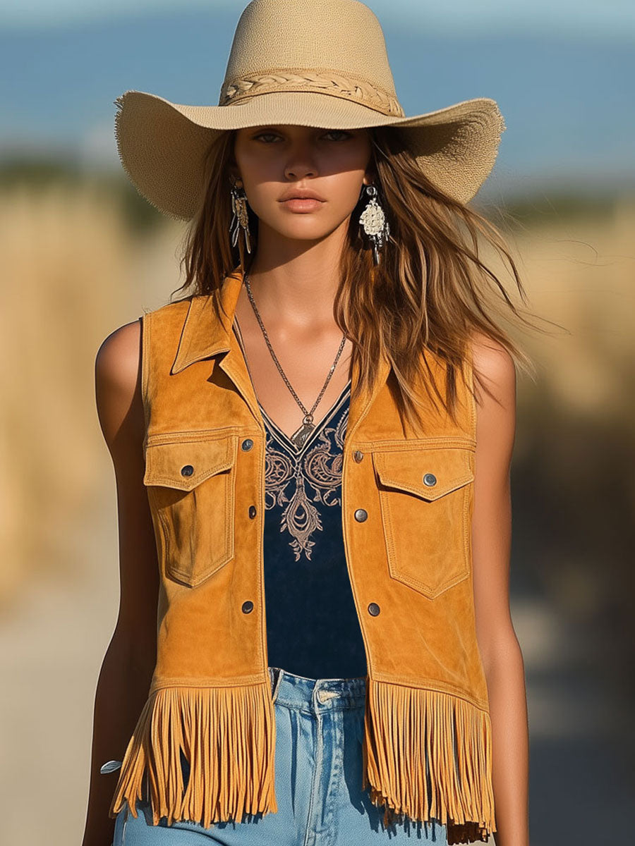 Casual Vintage Bohemian Orange Suede Pocket Tassel Vest