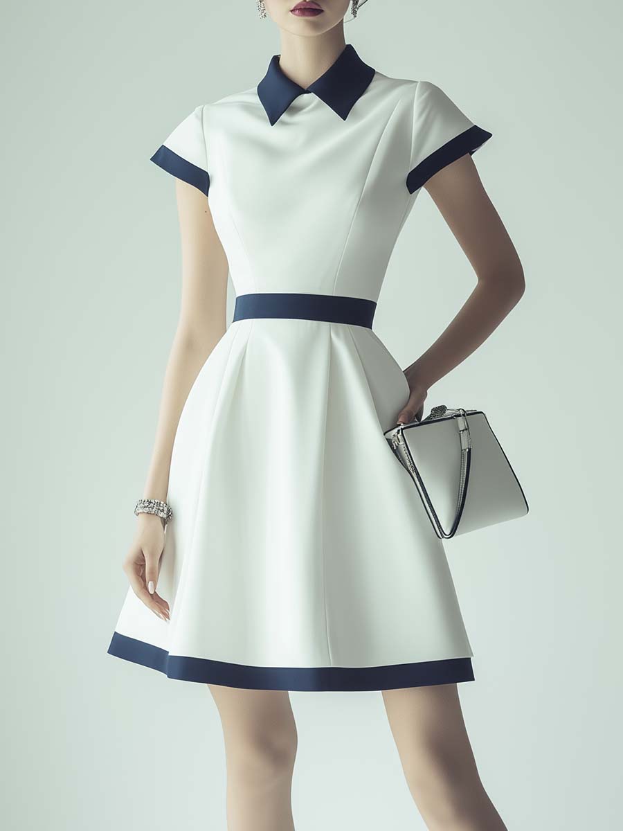 Elegant and Simple Short-sleeved Navy Blue Trim White Mini Dress