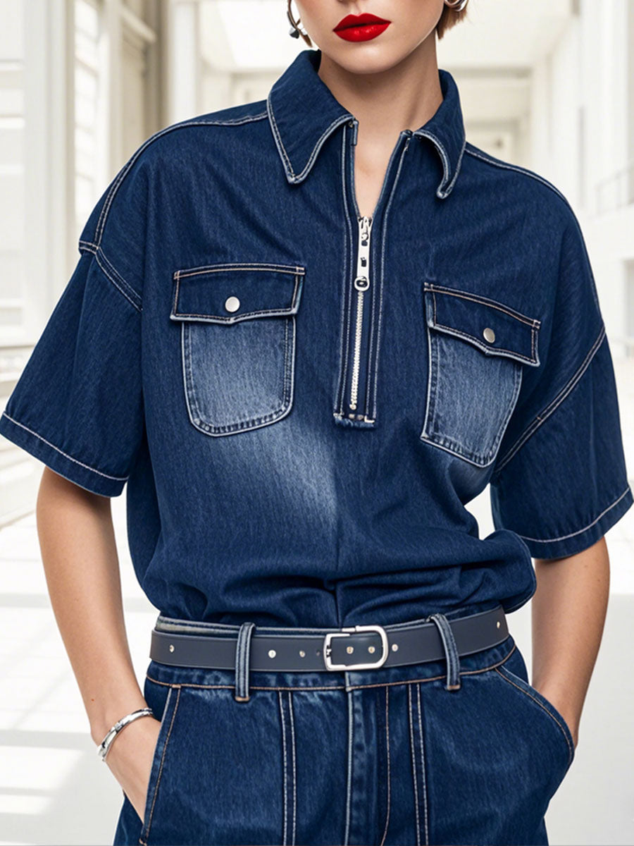 Casual Loose Vintage Denim Short Sleeve Zipper Blouse