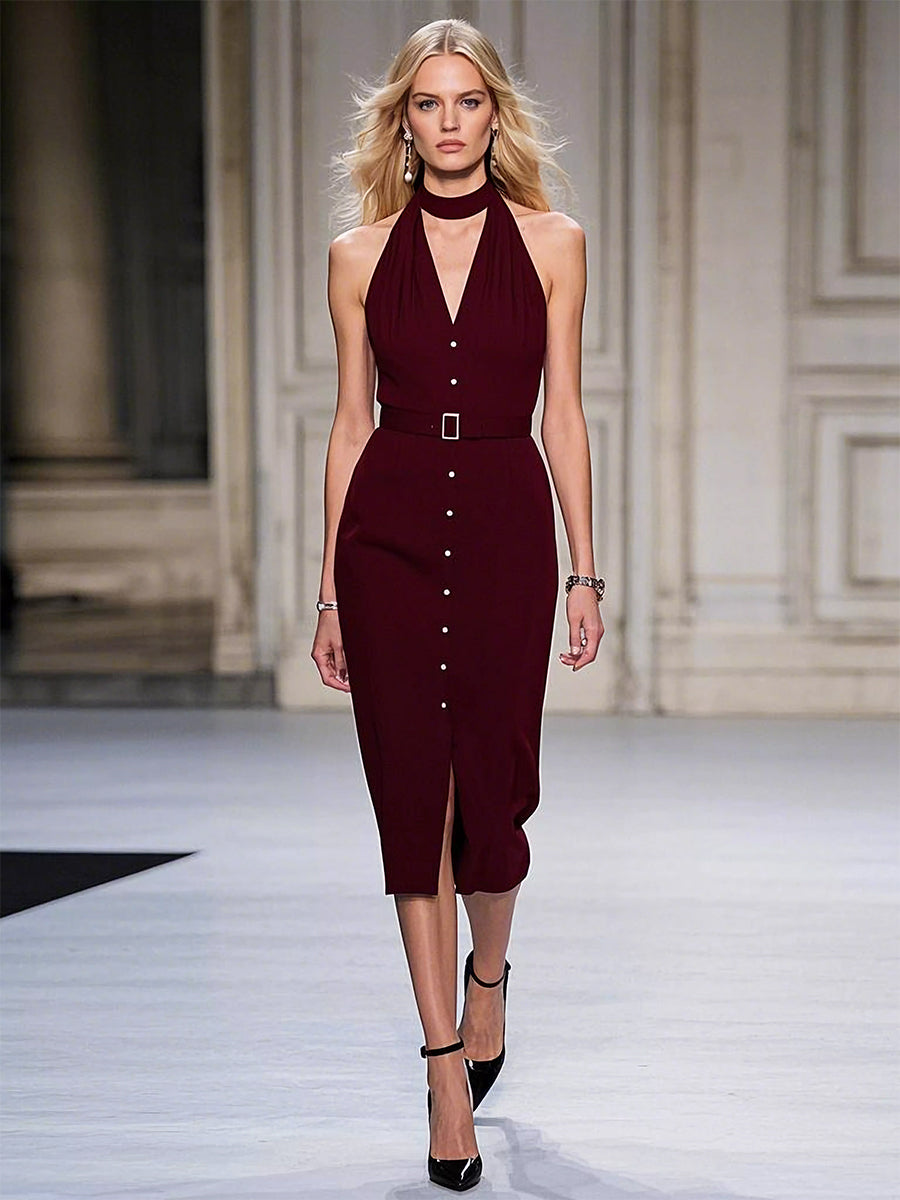 Retro Elegant Fashion Halter Neck Burgundy Midi Dress