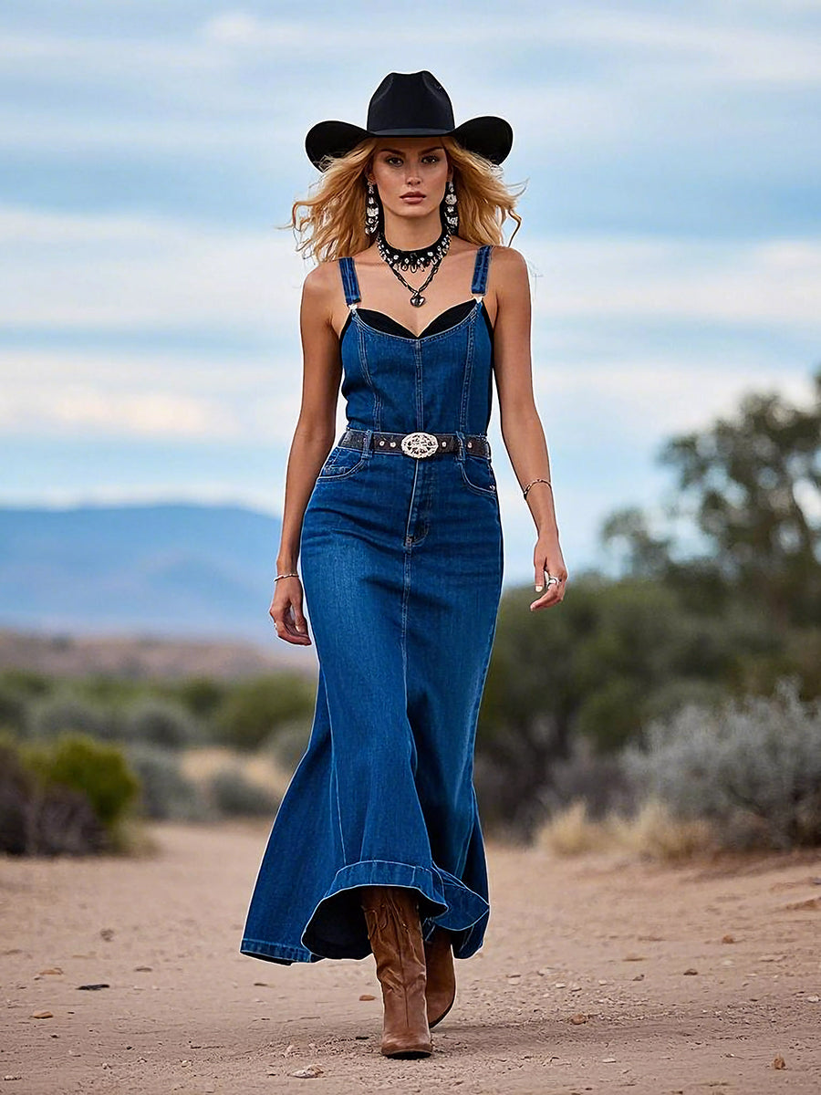 Vintage Casual Fashion Blue Denim Suspender Maxi Dress