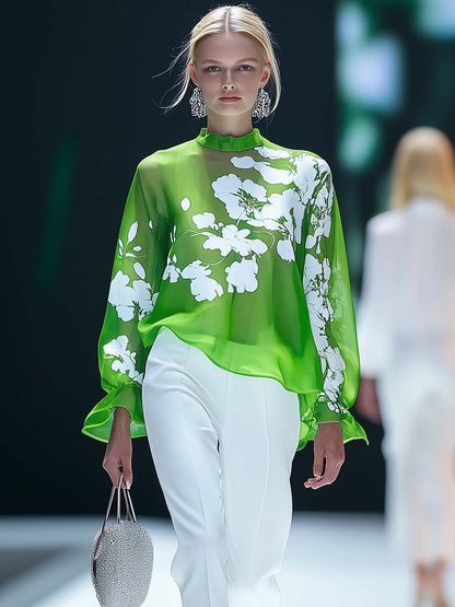 Elegant and Light Half-high Collar Floral Print Green Blouse