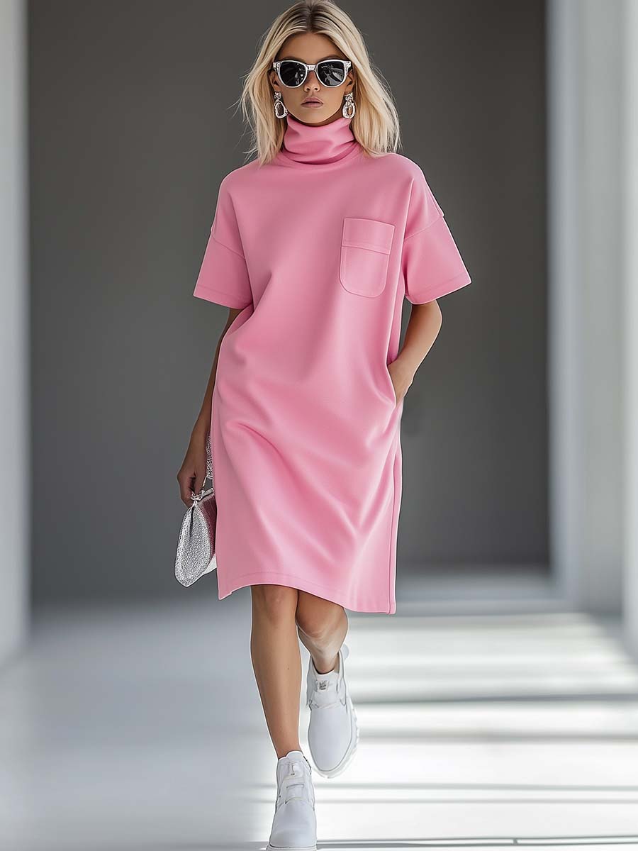 Casual Fashion High Collar Short Sleeve Loose T-shirt Style Pink Midi Dress