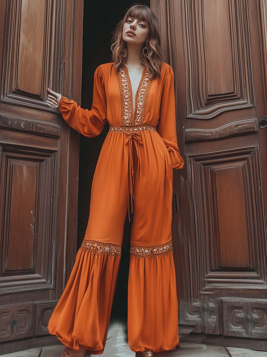 Fashionable and Vibrant Bohemian V-neck Hollow Trim Orange Jumpsuit