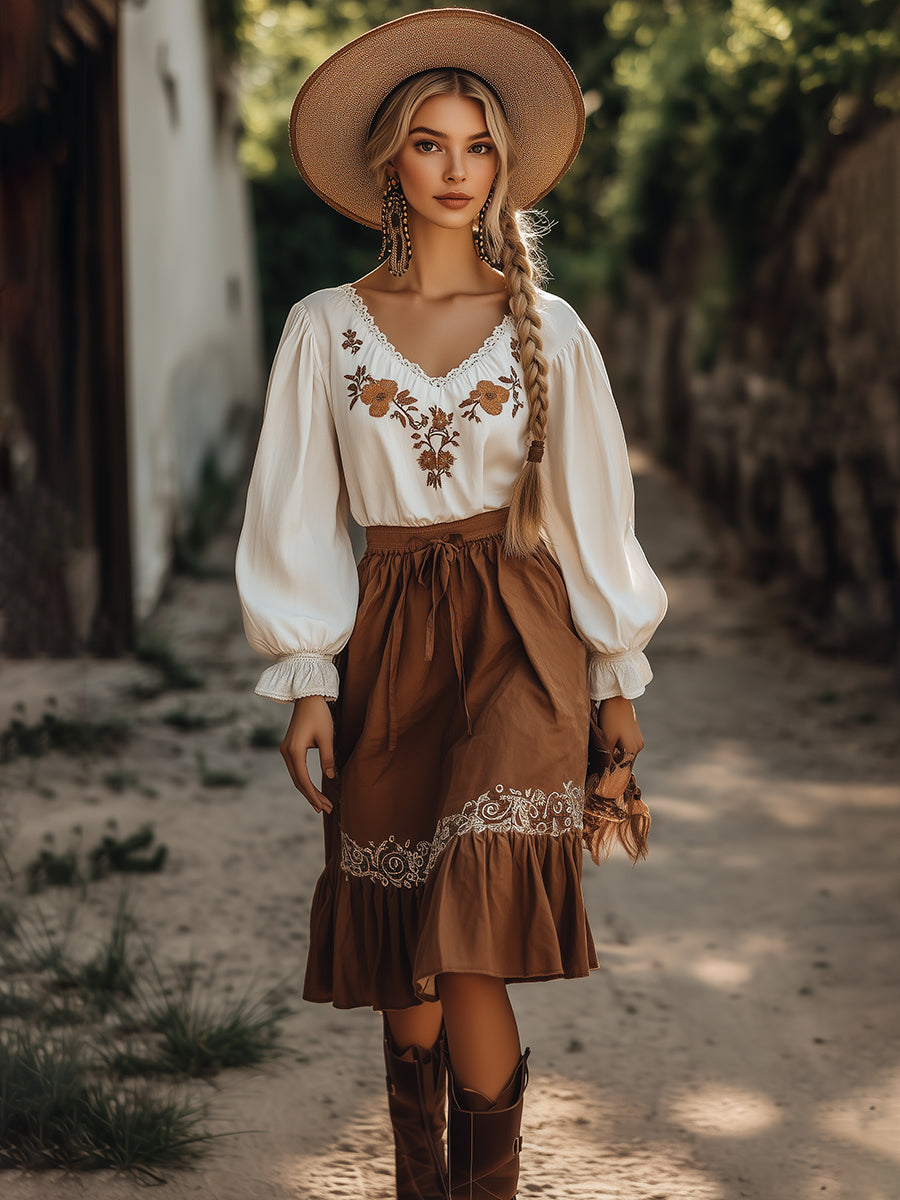 Elegant and Fashionable Bohemian White Embroidery Midi Skirt