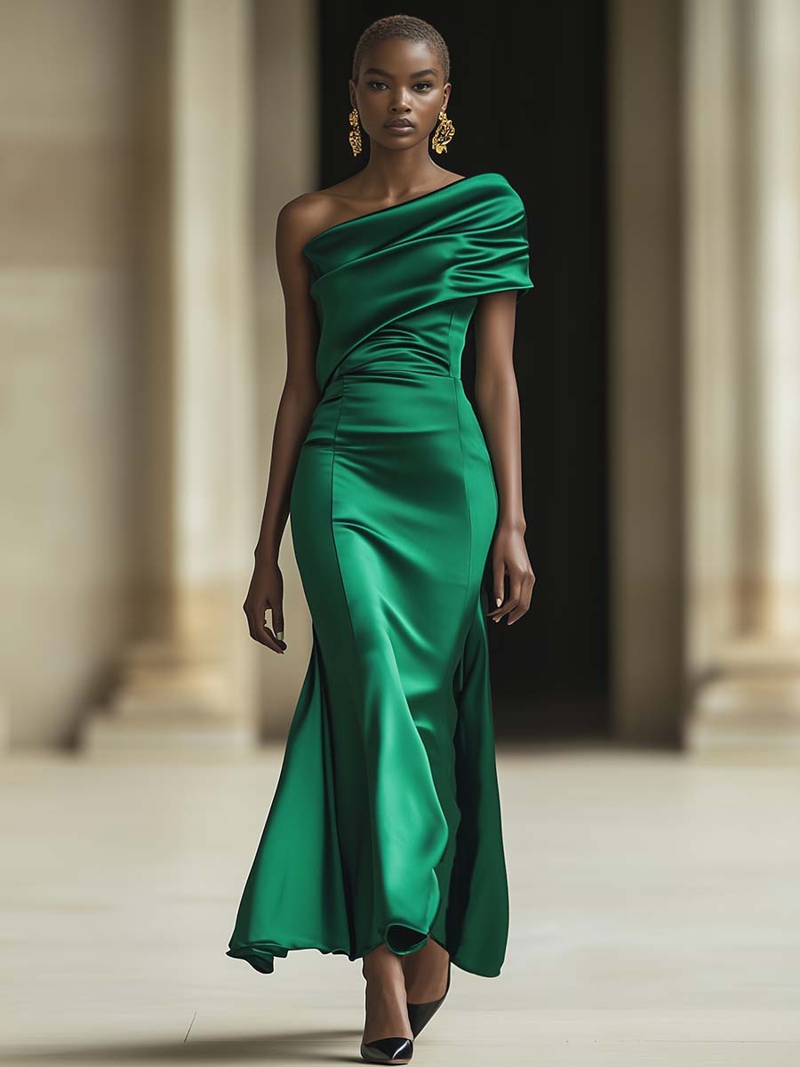 Elegant Personality One-shoulder Green Satin Maxi Dress