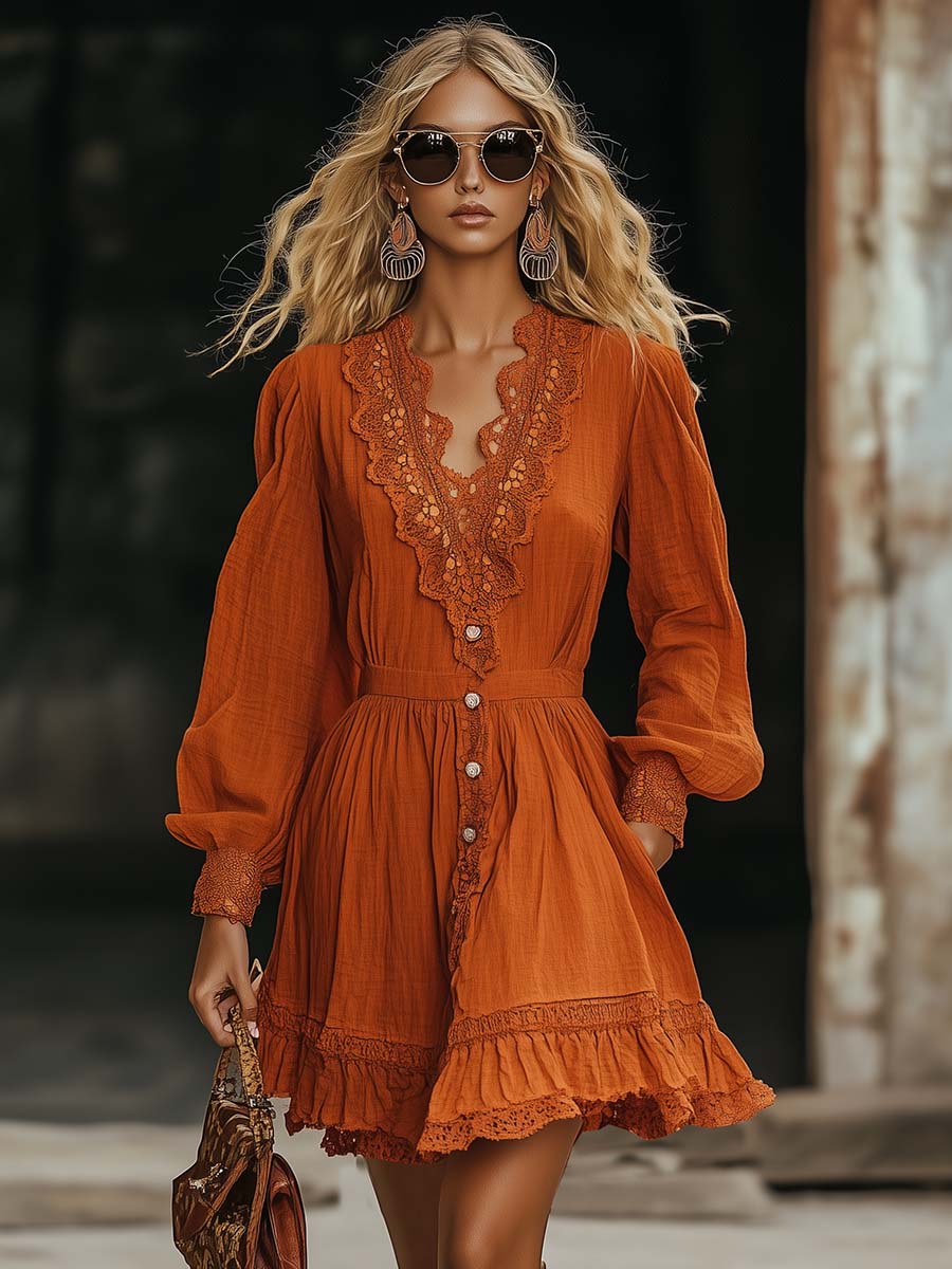 Fashionable and Vibrant Bohemian Lace V-neck Orange Mini Dress