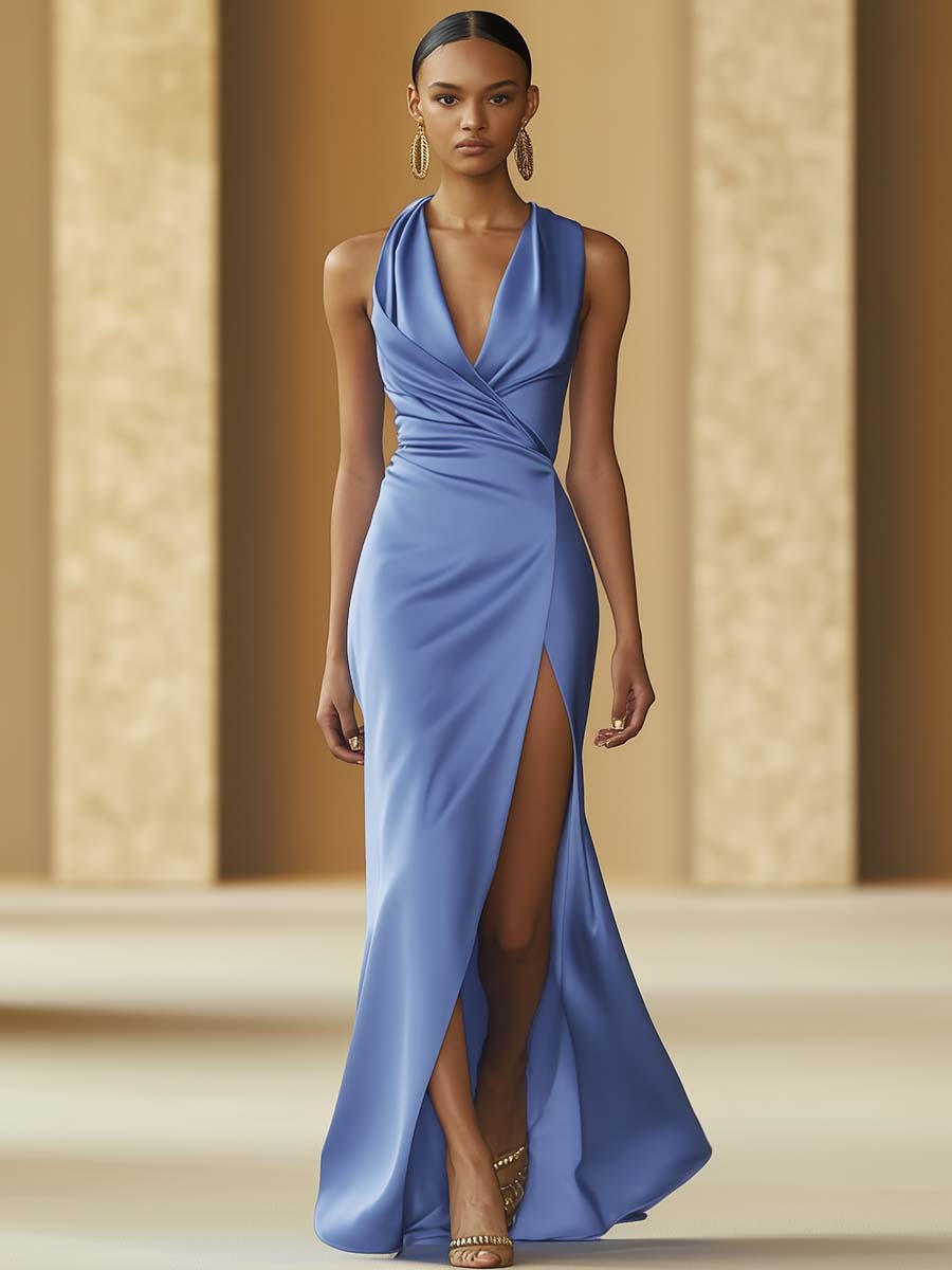 Elegant Blue Satin Asymmetric Slit Maxi Dress