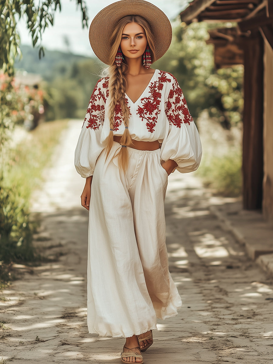 Elegant And Fashionable Bohemian Embroidered Flower Wide-Leg Pants Set