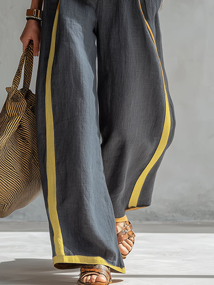 Elegant And Casual Two-tone Trim Gray Cotton And Linen Vest And Pants Set