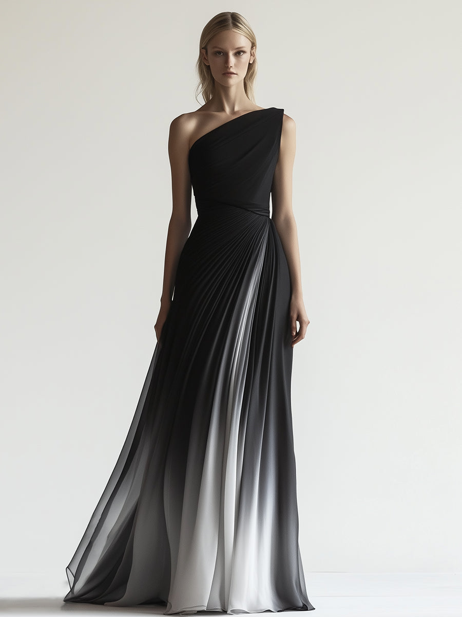 High-end Elegant Black and Gray Gradient One Shoulder Maxi Dress