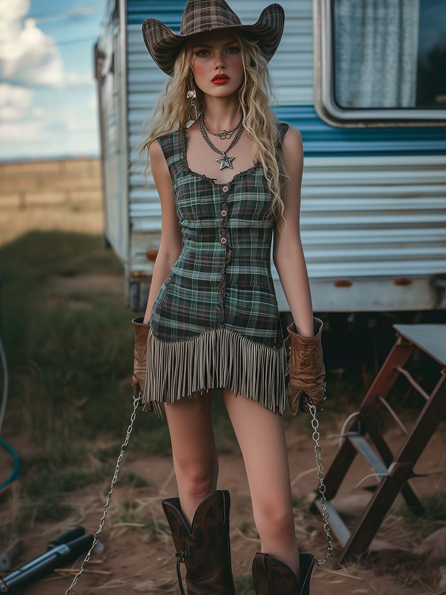 Fashionable Western Green Plaid Tassel Mini Dress