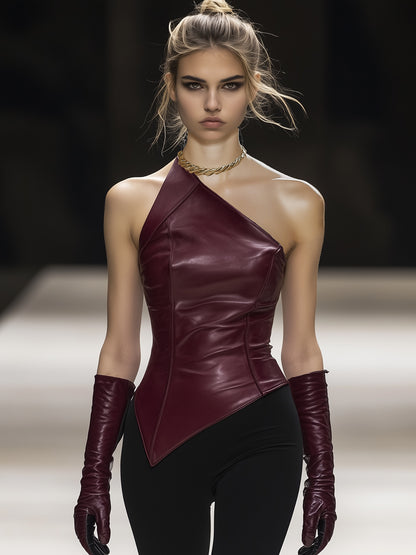 Fashionable And Sexy Burgundy Leather One-Shoulder Top