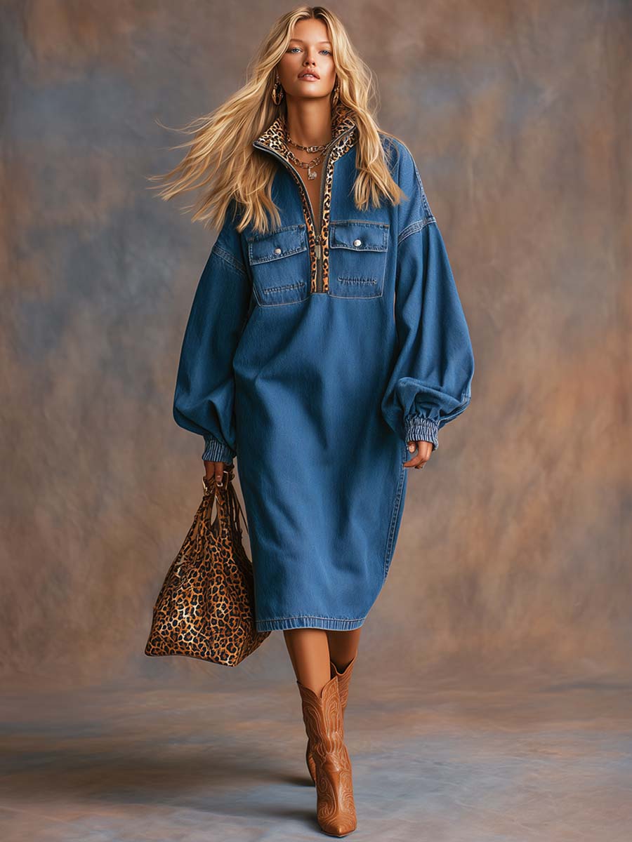 Vintage Fashion Western Leopard Print Lapel Front Zipper Blue Denim Midi Dress