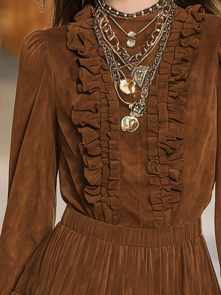 Stylish Brown Faux Suede Ruffled Tulle Mini Dress