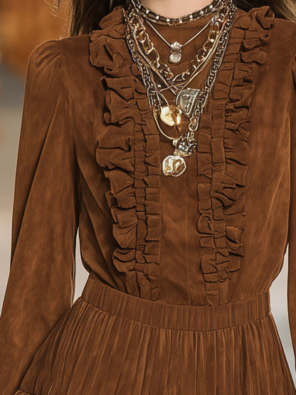 Stylish Brown Faux Suede Ruffled Tulle Mini Dress