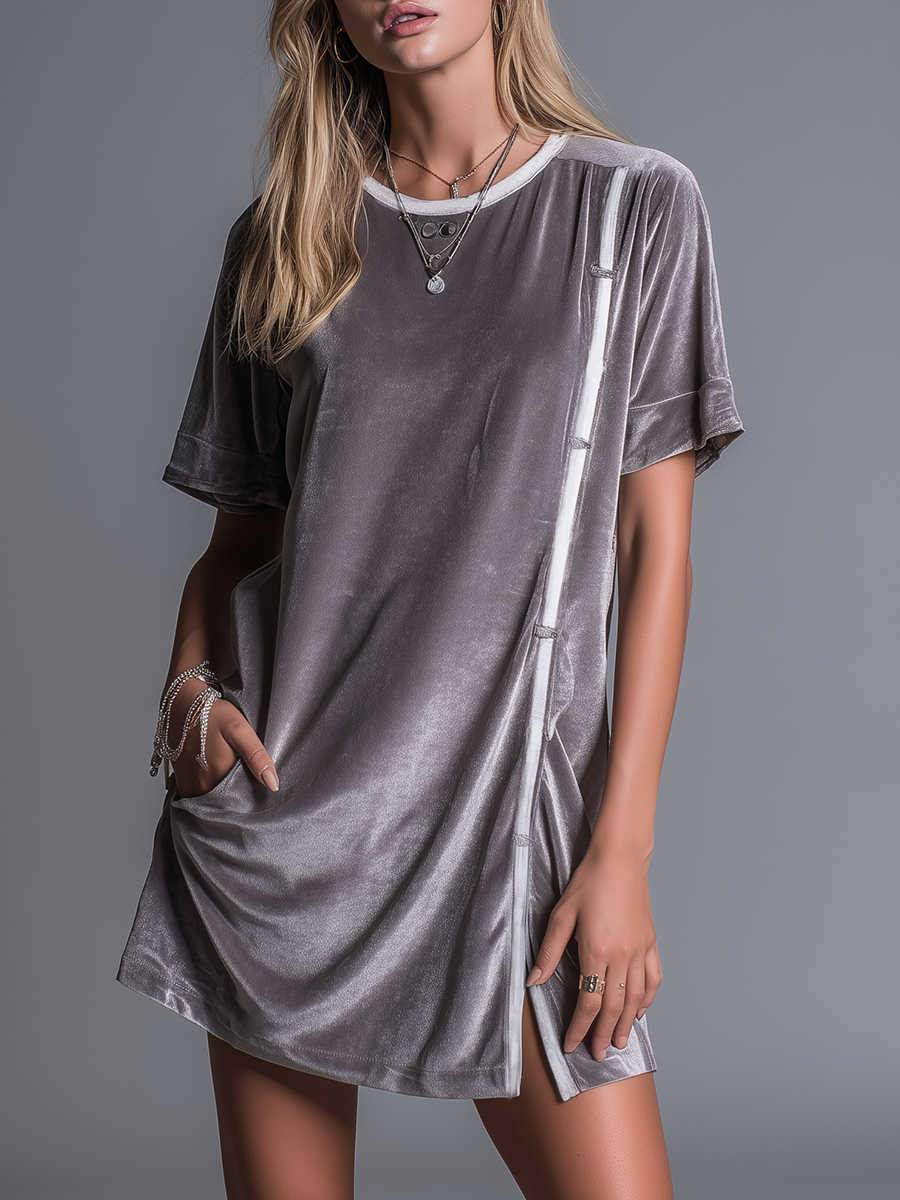 Casual And Fashionable Round-neck Short-sleeved Velvet Mini Dress