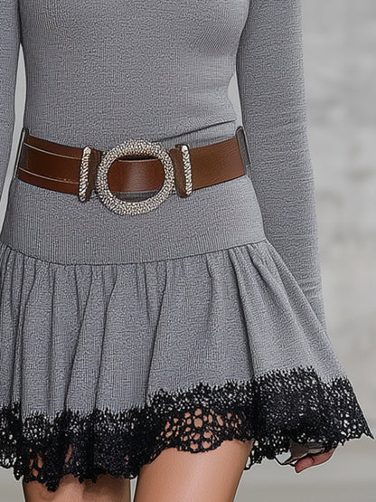 Classic Grey Mini Dress With Flared Zipper And Black Lace Trim