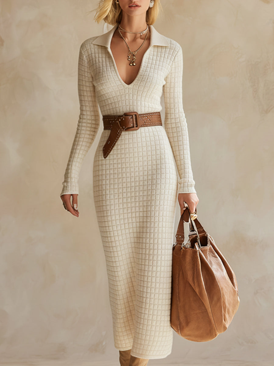 Exquisite And Classic Off-white Checkered Knit Maxi Dress